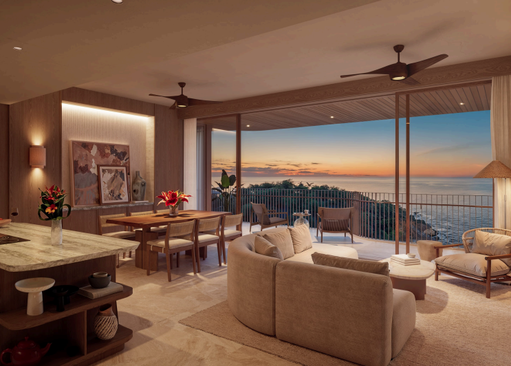 Furnished Maravé residence interior with an ocean-view terrace at sunset