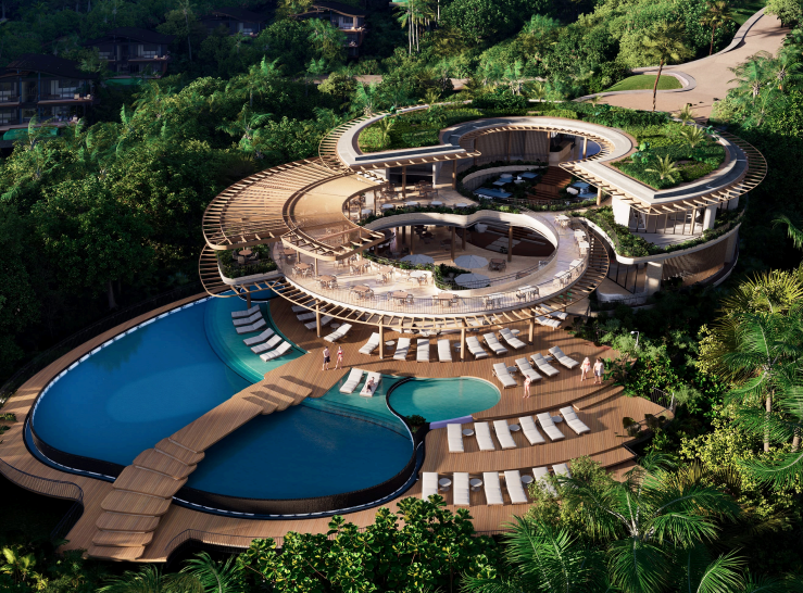 Aerial view of Maravé's beach club, pool deck and infinity pools